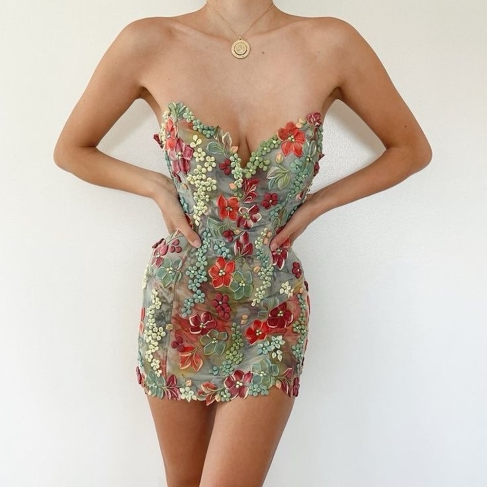 Ema Savahl Corset Hand Painted Embellished Floral Wedding Mini Dress